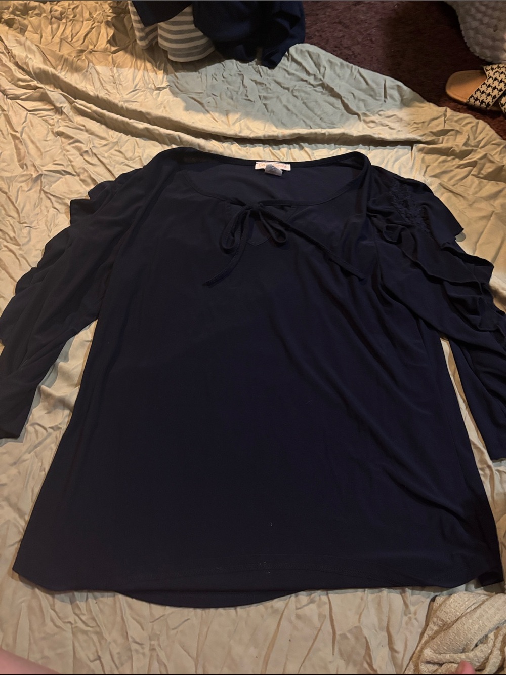Claudia Richard Navy Long-Sleeve Ruffle Tie Blouse